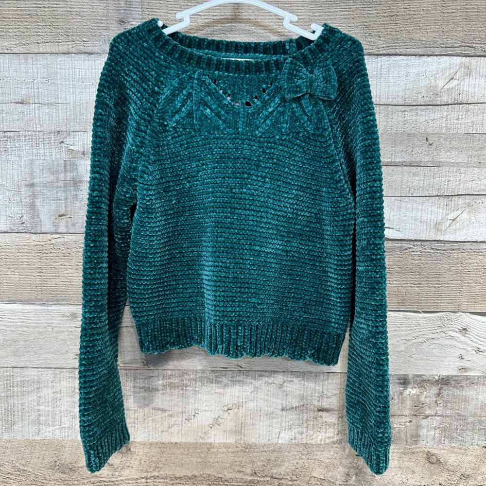Tommy Bahama Girls Teal Chenille Sweater Size S Bow Detail‎ Cozy Soft
